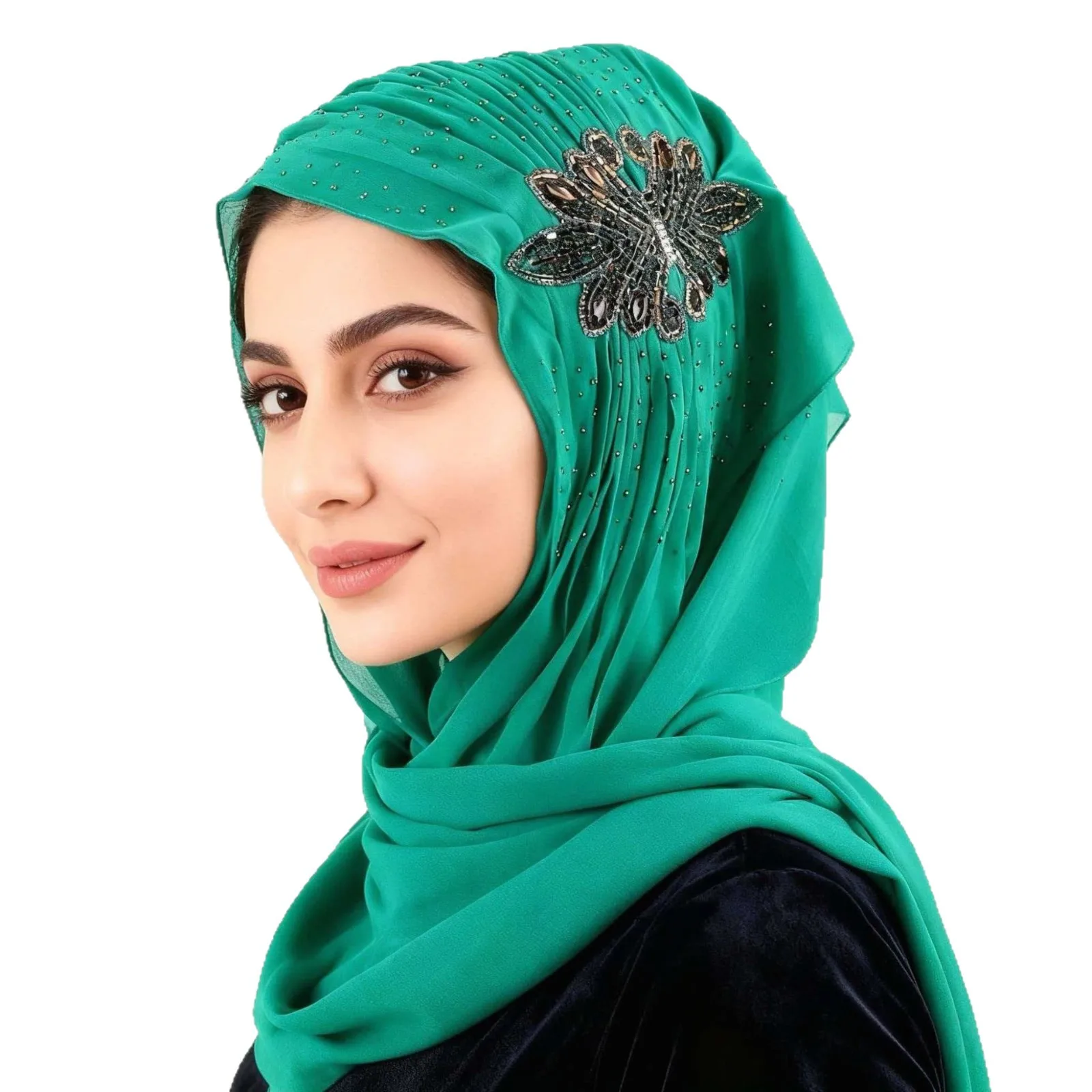 Muslim Women's Hat Hijabs Soft Chiffon with Beading Ramadam Headscarf Party Luxury Versatile Scarf Dubai Black Hijab 70X170CM