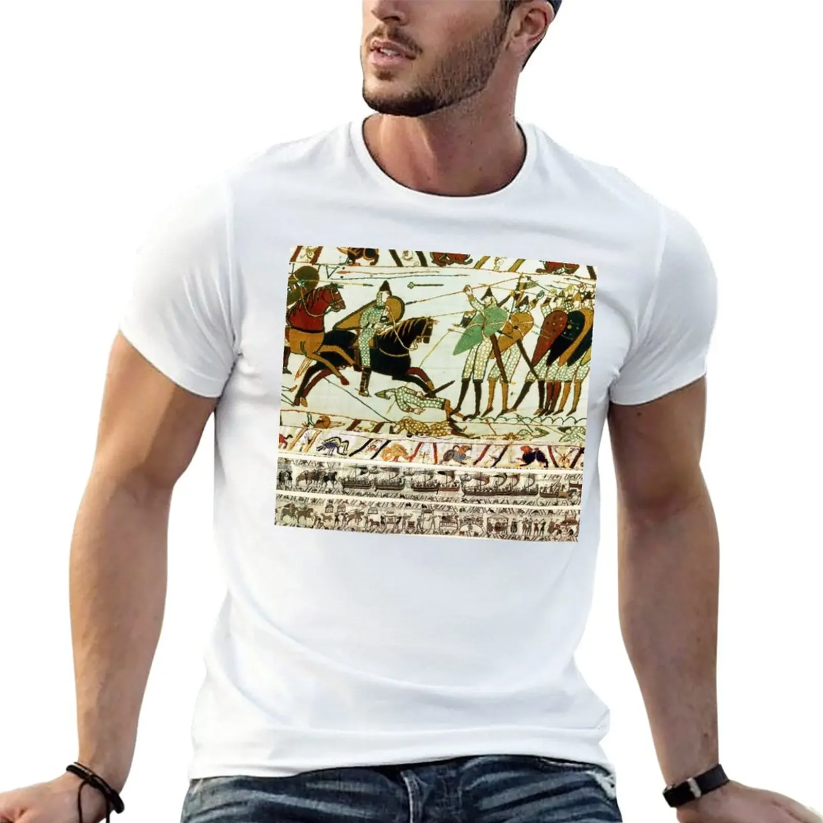 

THE BAYEUX TAPESTRY ,BATTLE OF HASTINGS ,NORMAN KNIGHTS HORSEBACK T-Shirt funnys summer top t shirts for men cotton