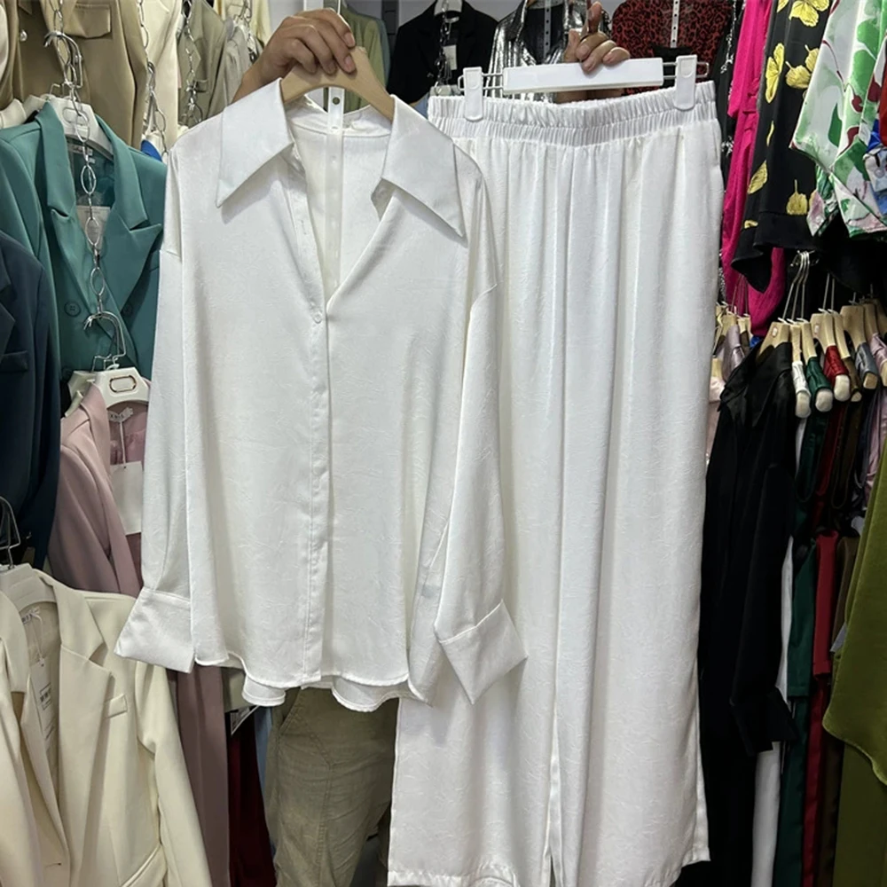 Conjunto de dos piezas de camisa holgada de satén de acetato + pantalones de pierna ancha con cintura elástica-GZTZ064