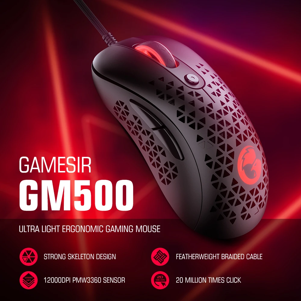 GameSir GM500 Bedrade Gamingmuis Ultralichte PC-muis met PMW33600 optische sensor 12000 DPI