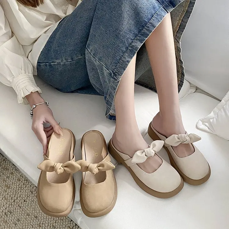 Butterfly-Knot Female Shoes Slippers Women Summer Mules Sexy Low Loafers Cover Toe Slides 2025 Flat Square Butterfly-knot Rubber