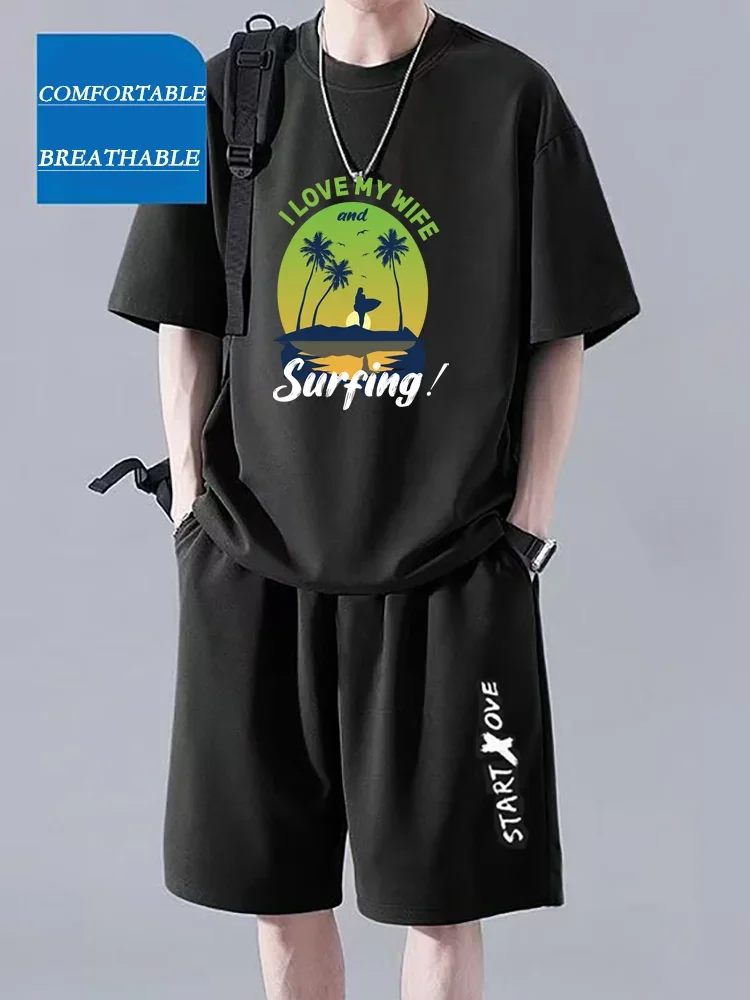 

Men's Quick-drying T-shirt Set for Summer Casual Wear Paired with Printed Jogging Shorts, A Two-piece Outdoor Sports Combination