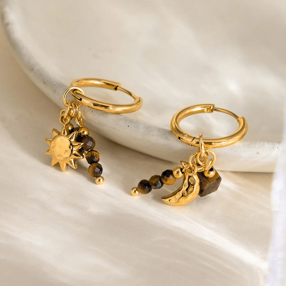 

Gold Color Hoop Earrings with Moon Sun Tiger Eye Stone Pendant Stainless Steel Huggie Jewelry for Women Fashion Accessory