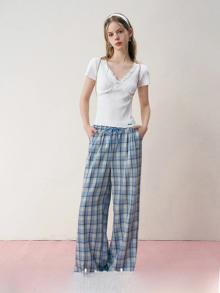 

Blue Plaid Straight Leg Casual Pants LinYun Kroche Lazy Casual Sle High Waist Long Pants Korean Commute Sle Polyester Fiber