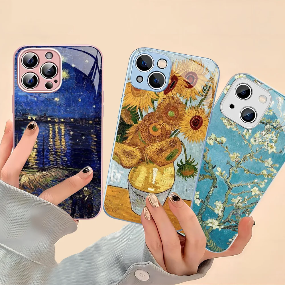 

Van Gogh Oil Painting Phone Case Tempered Glass For Iphone 14 13 12 11 Pro Mini XS MAX 14Plus X XS XR Cover