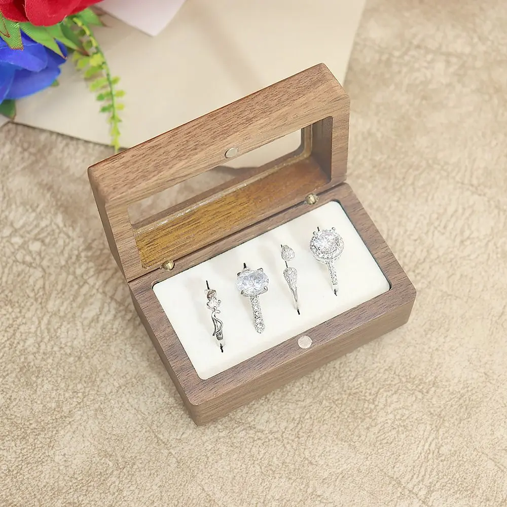 4 Slots Square Rings Holder Magnetic Cover Opening Window Black Walnut Cufflinks Box Exquisite Rectangular Jewelry Ring Holder