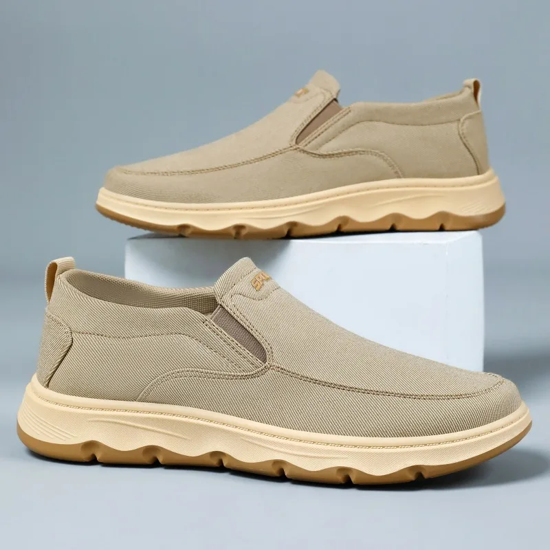 Men Casual Canvas Slip‑on Shoes Lightweight Thick Wave‑Sole Non‑Slip Breathable Loafers Walking Driving Shoes
