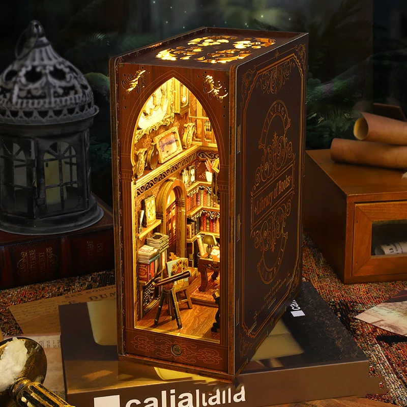 DIY Library Of Books Book Nook Wooden Miniature Model Kit Bookend Assembled 3D Puzzle Bookshelf for Friends Birthday Gifts