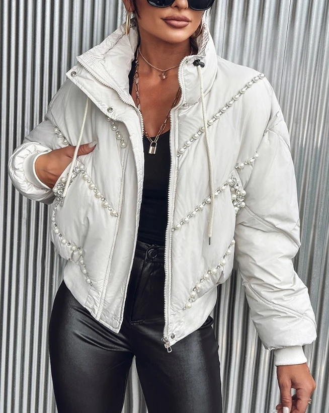

Women's standing collar beaded quilted down jacket fashionable and trendy brand work casual short winter style