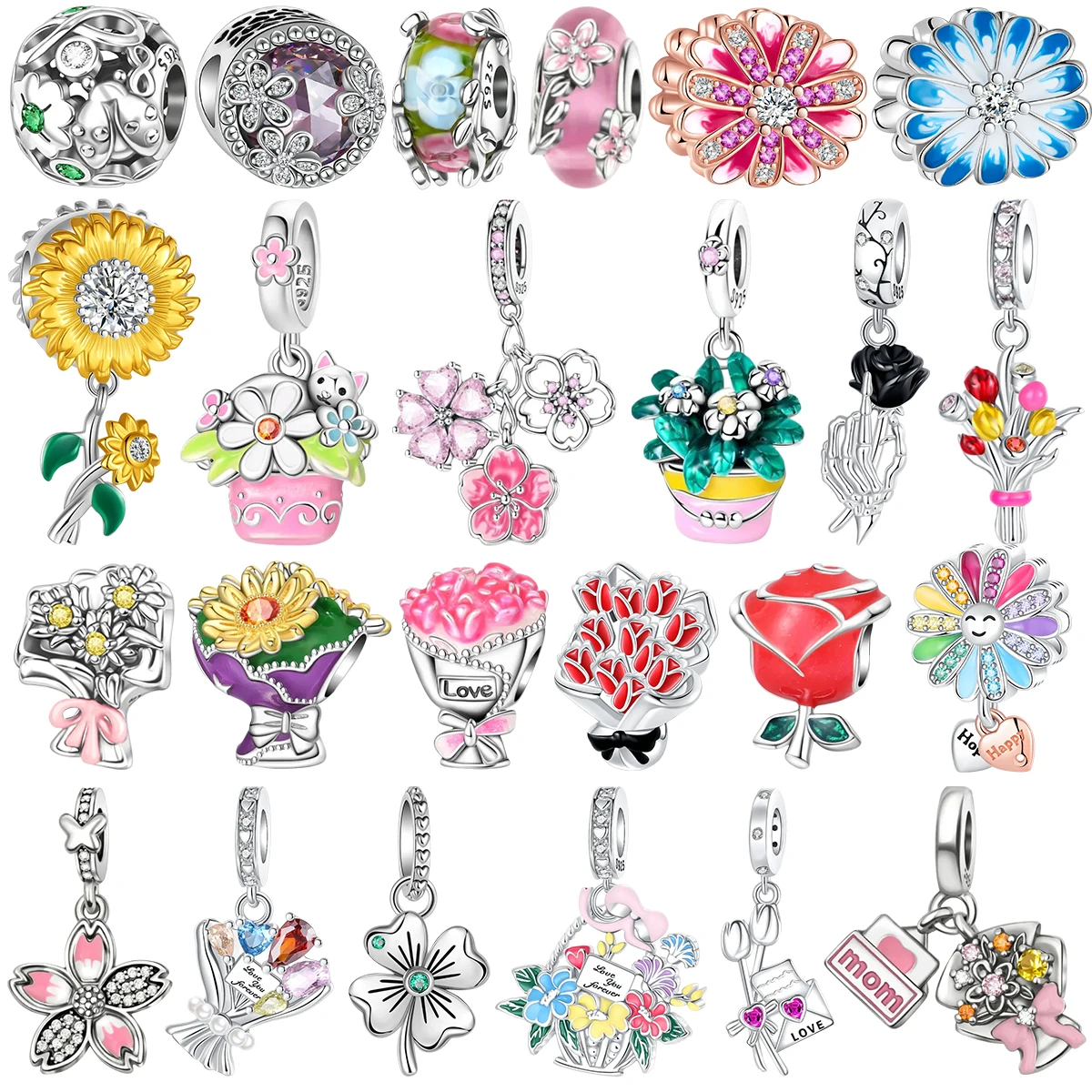 

925 Silver Flowers Pendant Charms Rose Sunflower Petal Blossom Bouquet Daisy Beads Bracelet Necklace Valentine Day Gift Jewelry