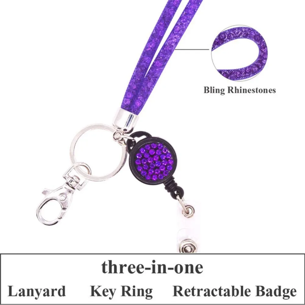 Dazzling Rhinestone Neck Lanyard Set, Retractable Badge Reel with Clear ID Badge Holder Metal Clasp Key Ring for Office School