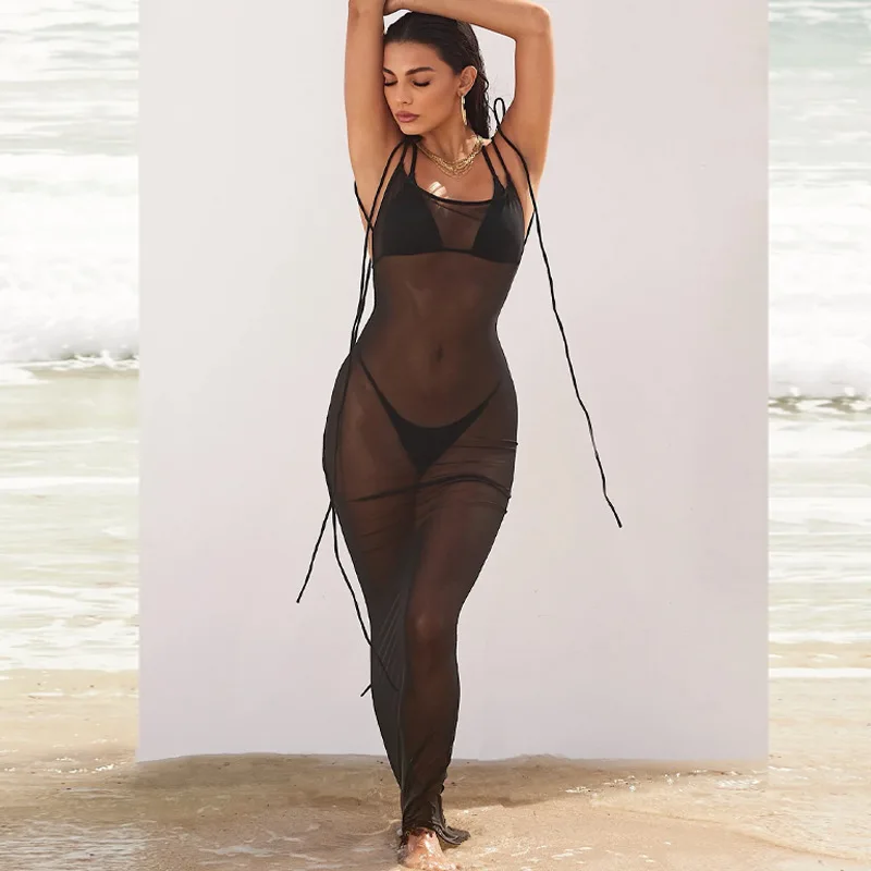 Deka Sexy Effen Mesh Doorzichtige Bikini Cover Up Jurk Vrouwen Badmode Badpak Zomer Strandjurk Clubkleding