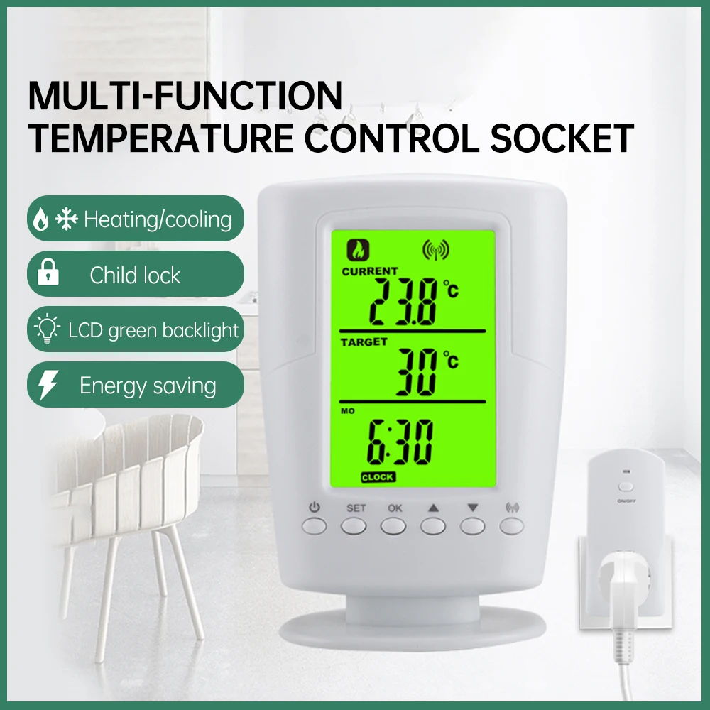 

TS-2000 0-60℃ Temperature Control Socket Thermoregulator LCD Display Wireless Heating Cooling Program Thermostat With Child lock