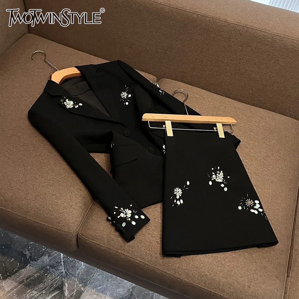 

TWOTWINSTYLE Elegant Commute Two Piece Sets For Women Lapel Long Sleeve Top High Waist Skirt Casual Set Female Style KJA554735