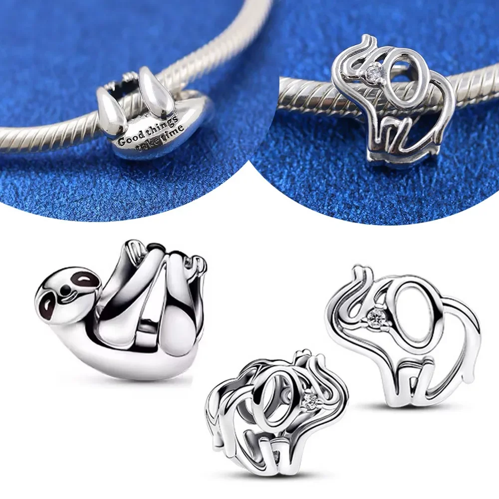 Silver 925 Openwork Elephant Hanging Sloth Charms Beads Fit Pandora Original Bracelet for Women Diy Fine Jewelry Making