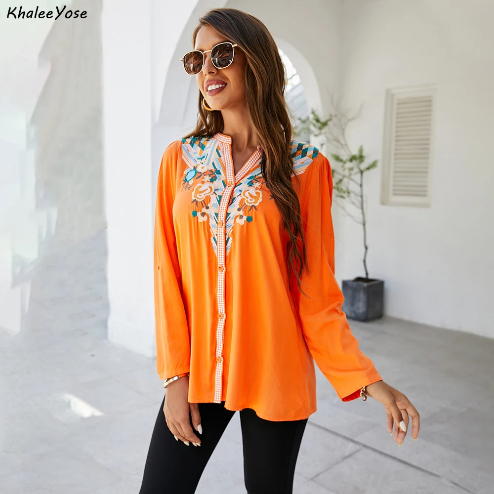 KHALEE YOSE Floral Embroidery Blouses Shirt Orange Spring Autumn Boho Mexican Women Shirts Long Sleeve 23xl Ethnic Hippie Tops