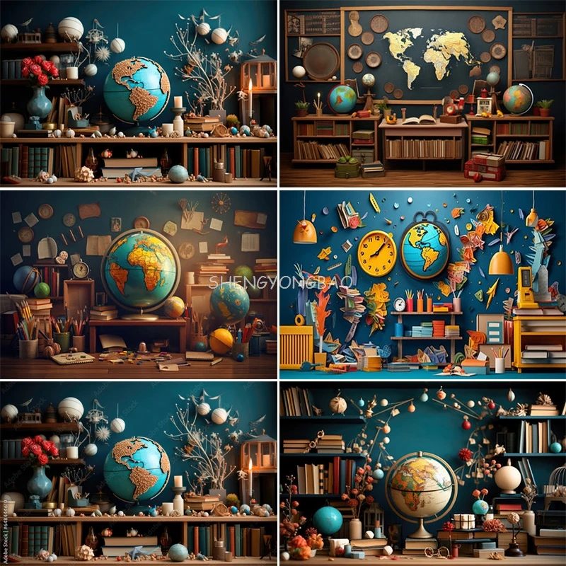 

Books Globe Bookshelf Teacher Holiday Photography Backdrops Children Back to School Room Decor Photo Studio Background GO-01