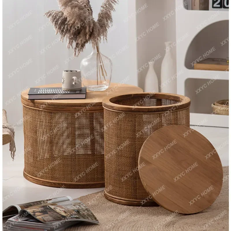 Japanese Round Coffee Table Living Room Rattan Woven Side Table Clamshell Storage Room Desks Multi-functional Home Furniture