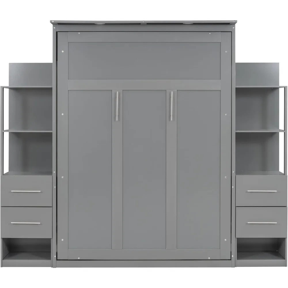 Cama Murphy de tamaño completo Cama de pared con estantes, cajones y luces LED Gabinete de cama Murphy de tamaño completo con colchón Murphy B de tamaño completo