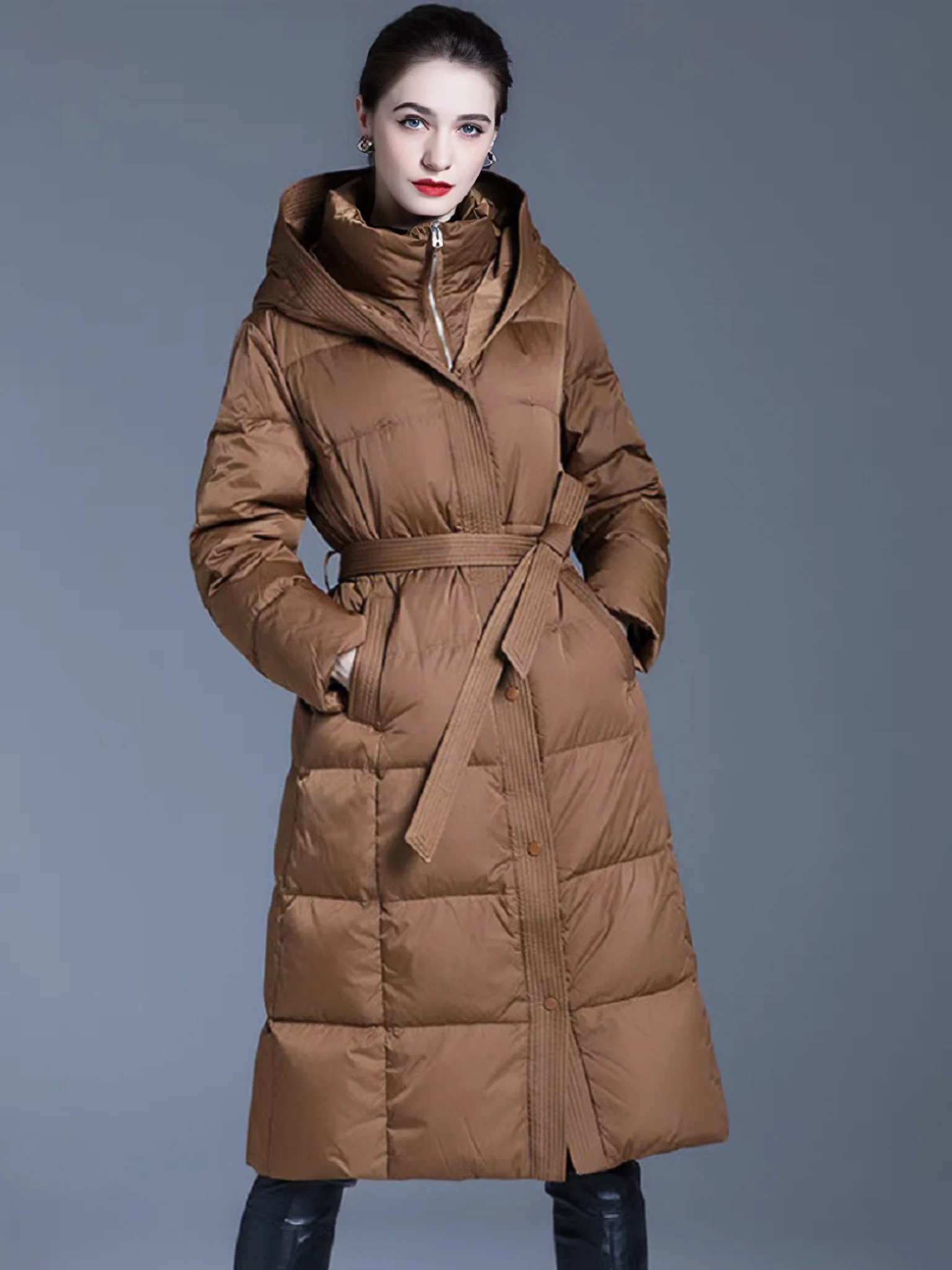 

European Down Jacket with Waistband for Women, Fashionable Long Jacket, A-line Version, Thickened Jacket, High End Brand, New, W