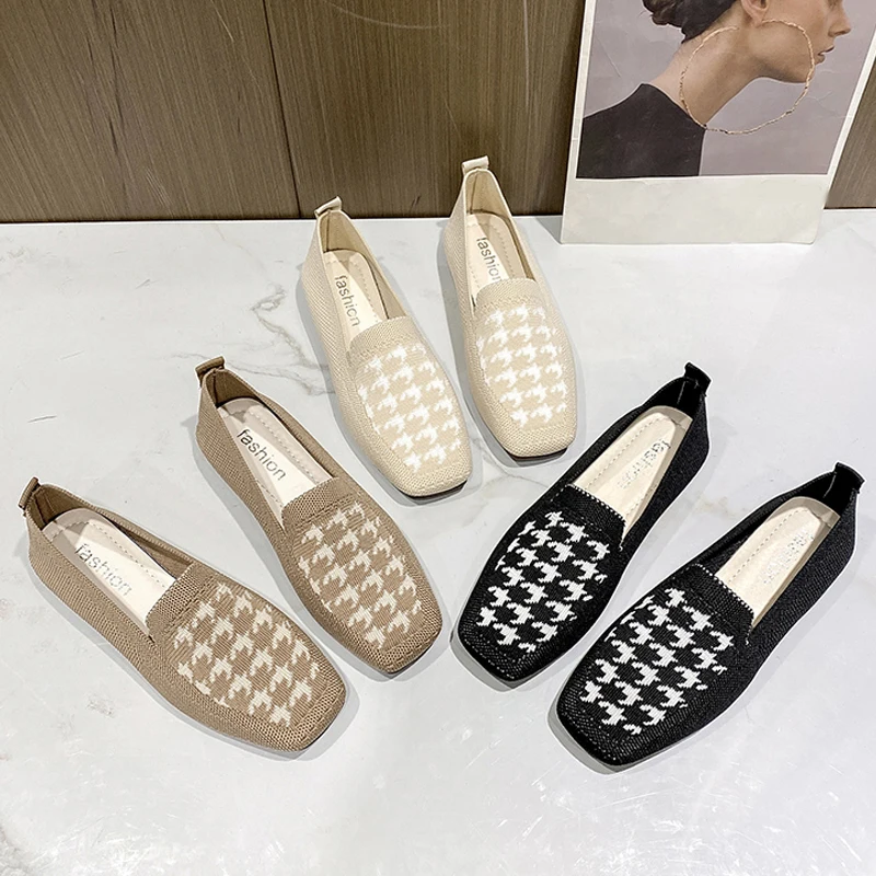 Women's Moccasins Houndstooth Knitted Slip- on Shoes 2022 Spring Flat Loafers Ladies Wide Fit Zapatos De Mujer