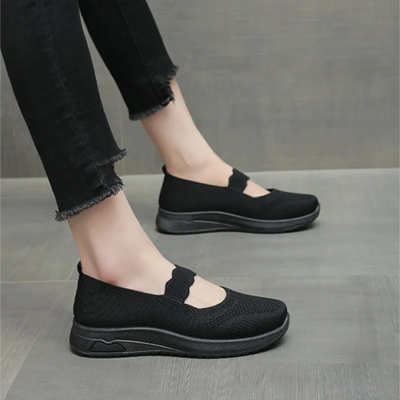 2024 new women Sneaker flat Mesh Knitted slip on mary janes breathable comfort casual design walking black Foam casual shoes