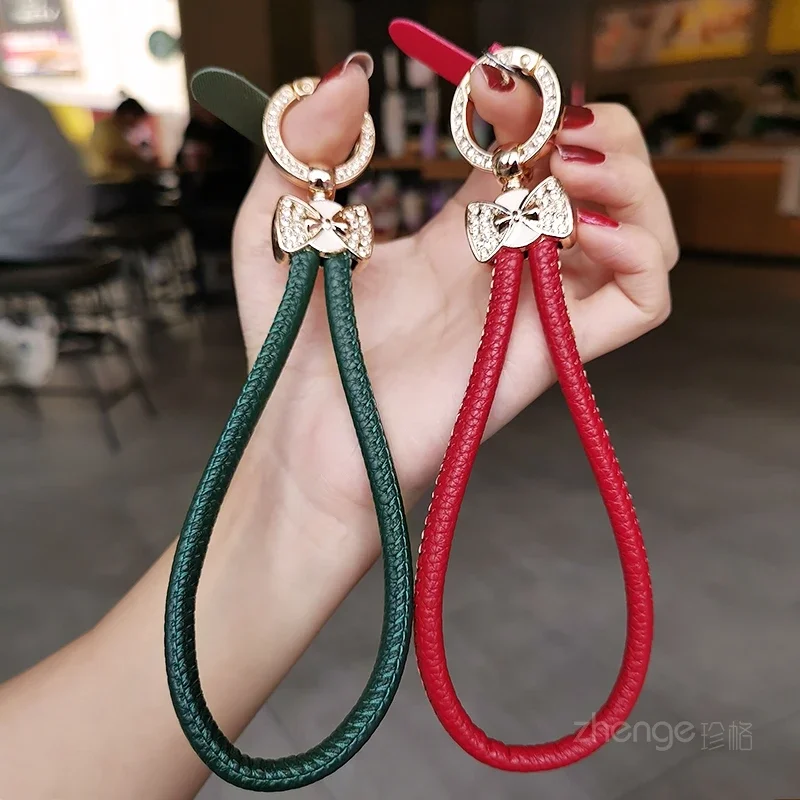 Leather Wrist Rope with Diamond Bow Wrist Strap Strap Strap Mobile Phone Case Universal Sling Sling Anti-drop Mobile Phone Rope