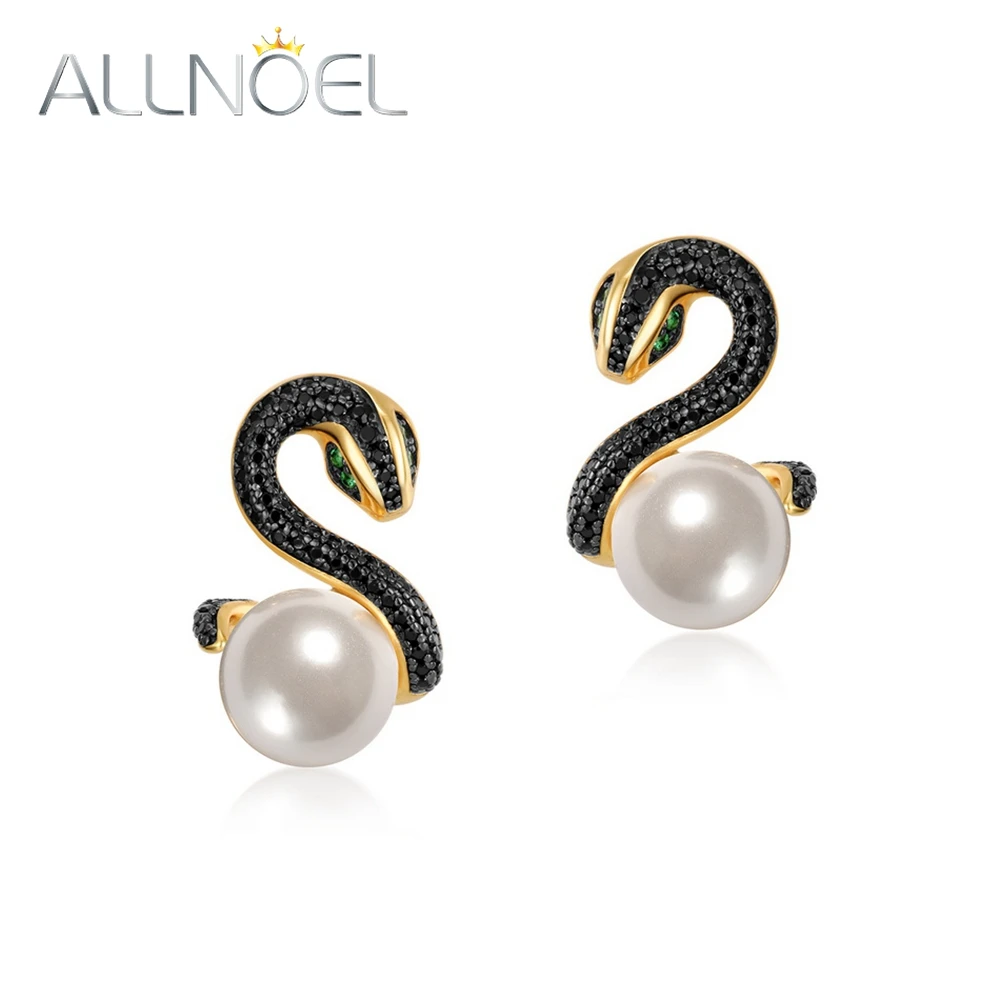 ALLNOEL 925 Sterling Silver Stud Earrings For Women Round 8mm Shell Pearl Black Zircon Snake Shape Original Unique Jewelry Gifts