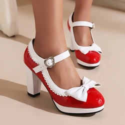 Sweet Bow-tied High Heels Lolita Mary Janes Shoes Woman Candy Color Heeled Pumps Large Size Office Party Wedding Shoes Gilrs