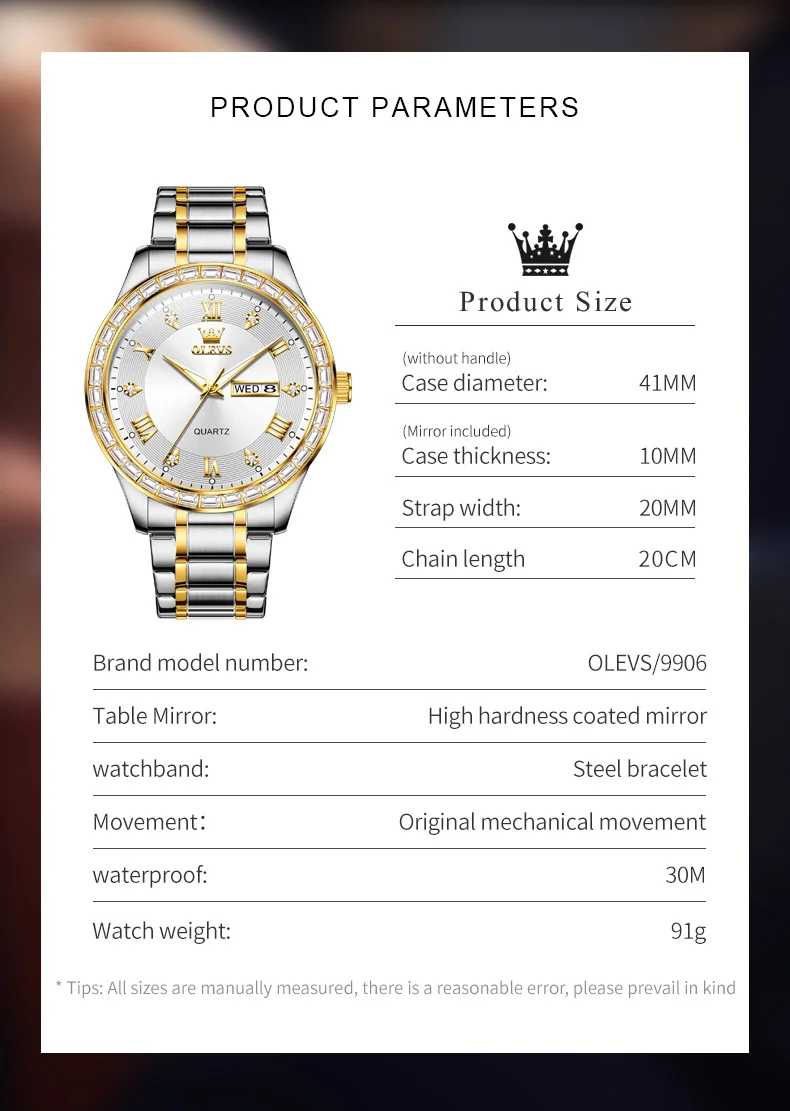 OLEVS 9906 Roman Scale Quartz Watch For Men Diamond Luxury Dual Calendar Man Wristwatch Waterproof Stainless Steel Watches 2024