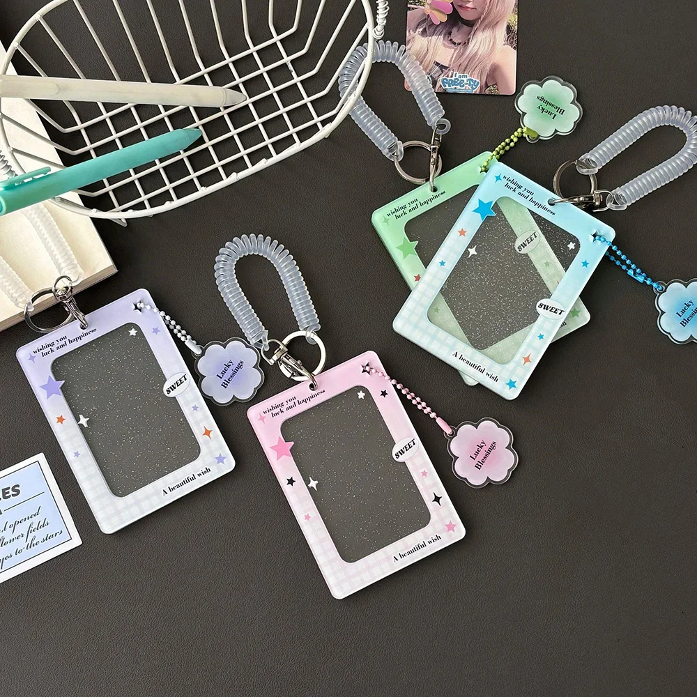 Cute INS Acrylic Card Holder Transparent ID Badge Holder Lucky Blessings Photocard Holder Keychain Bus Credit Bank Card Decor