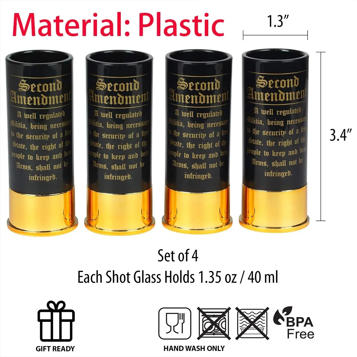 4pcs/Set Plastic 3.4x1.3inch 2nd Amendment 12 Gauge Shot Glass, Patriotic Amendment Shot Glasses,Great Gift for Dad And Brother