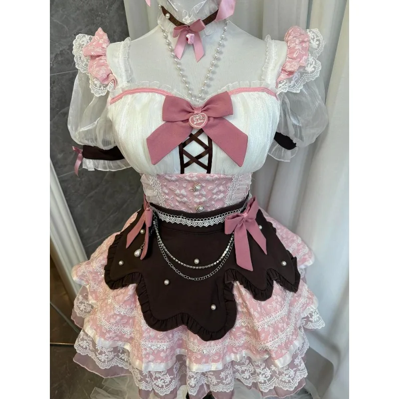 Sweet Y2k Lolita Maid Square Neck Puff Sleeves Lace Bow 2 Piece Dress Set Chocolate Pink White Tiered Birthday Dresses for Woman - view 2
