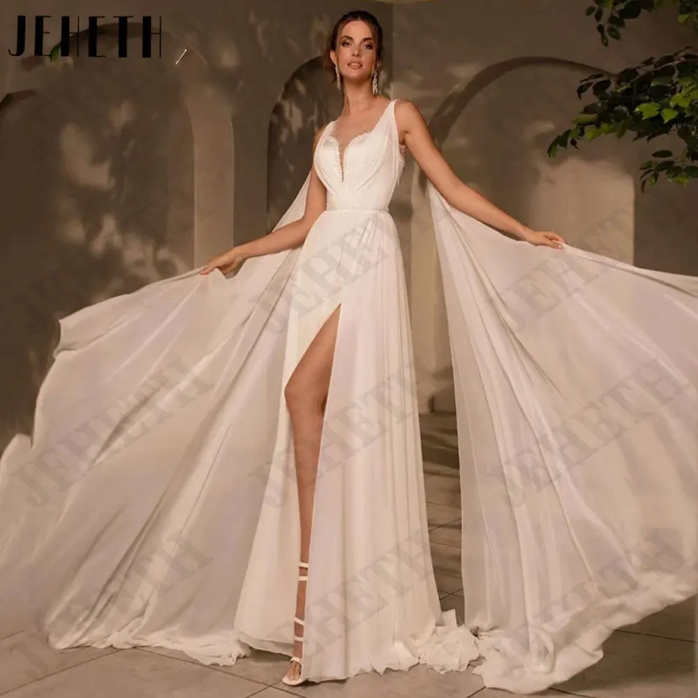 JEHETH Halter Chiffon A Line Vestido De Casamento Sem Mangas Backless Noiva Vestidos Botão Voltar Side Split vestidos de novia Custom MadeJEHETH Halter Chiffon A Line Vestido De Casamento Sem Mangas Backless Noiva Vest