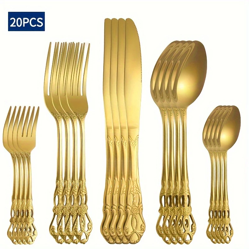 Vintage Geprägte Edelstahl-Westernbesteck, Königlicher Löffel mit Premium Eleganter Steakmesser, Gabel und Löffel, Barock-Stil