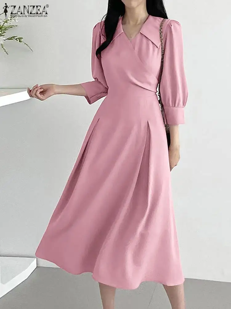 

Korean Fashion V Neck 3/4 Sleeve OL Work Dress Women Summer Elegant Sundress 2024 ZANZEA Stylish Solid Mid-calf Vestido Kaftan