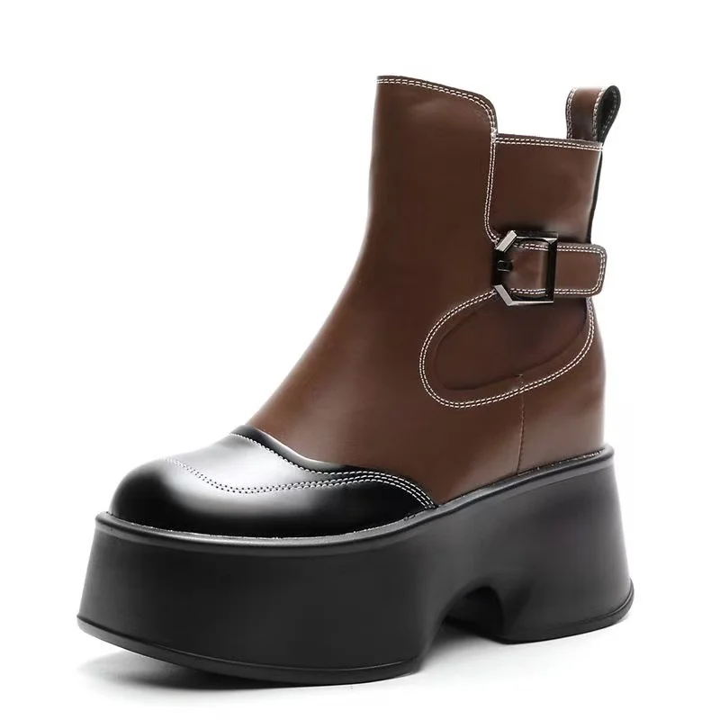 

2025 New 11 cm Women Winter Plush Boots Fashion Side Zipper Round Toe Ladies Ankle Boot Shoes Synthetic Leather Wedge Heels