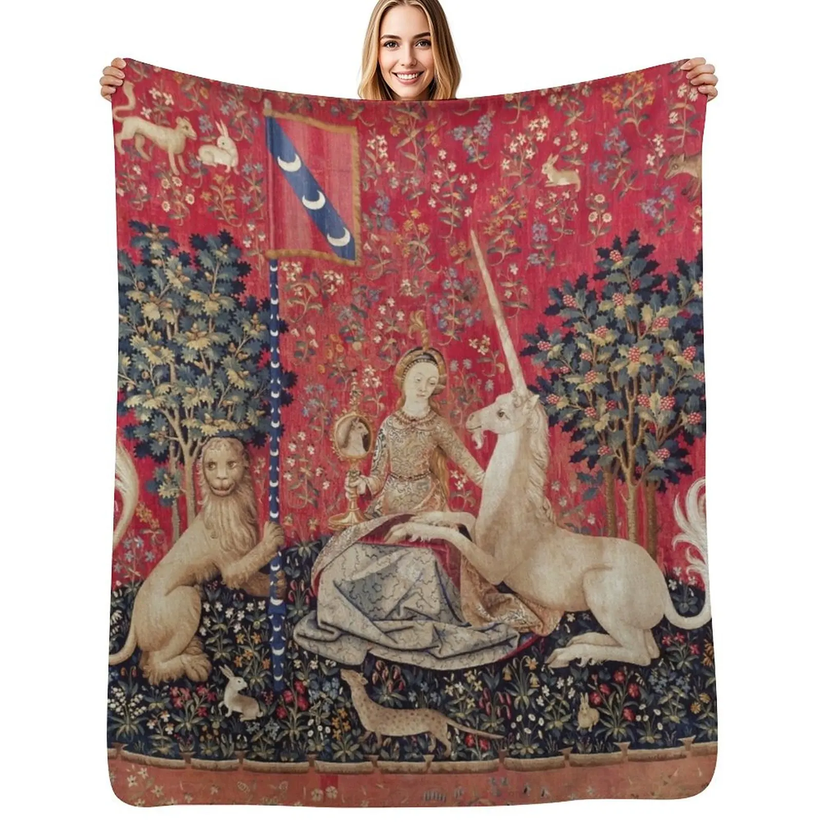 Lady and Unicorn Medieval Tapestry Five Senses - Sight Throw Blanket Soft Plaid Kid'S Soft Beds halloween Polar Baby Blankets