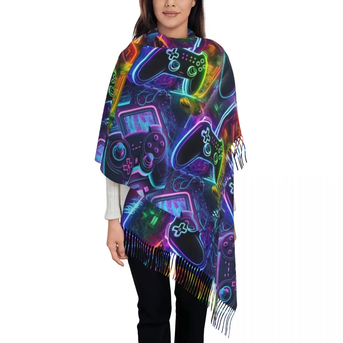 

Neon Game Console Hand Controller Scarf Wrap for Women Long Winter Fall Warm Tassel Shawl Game Controller Pattern Scarves