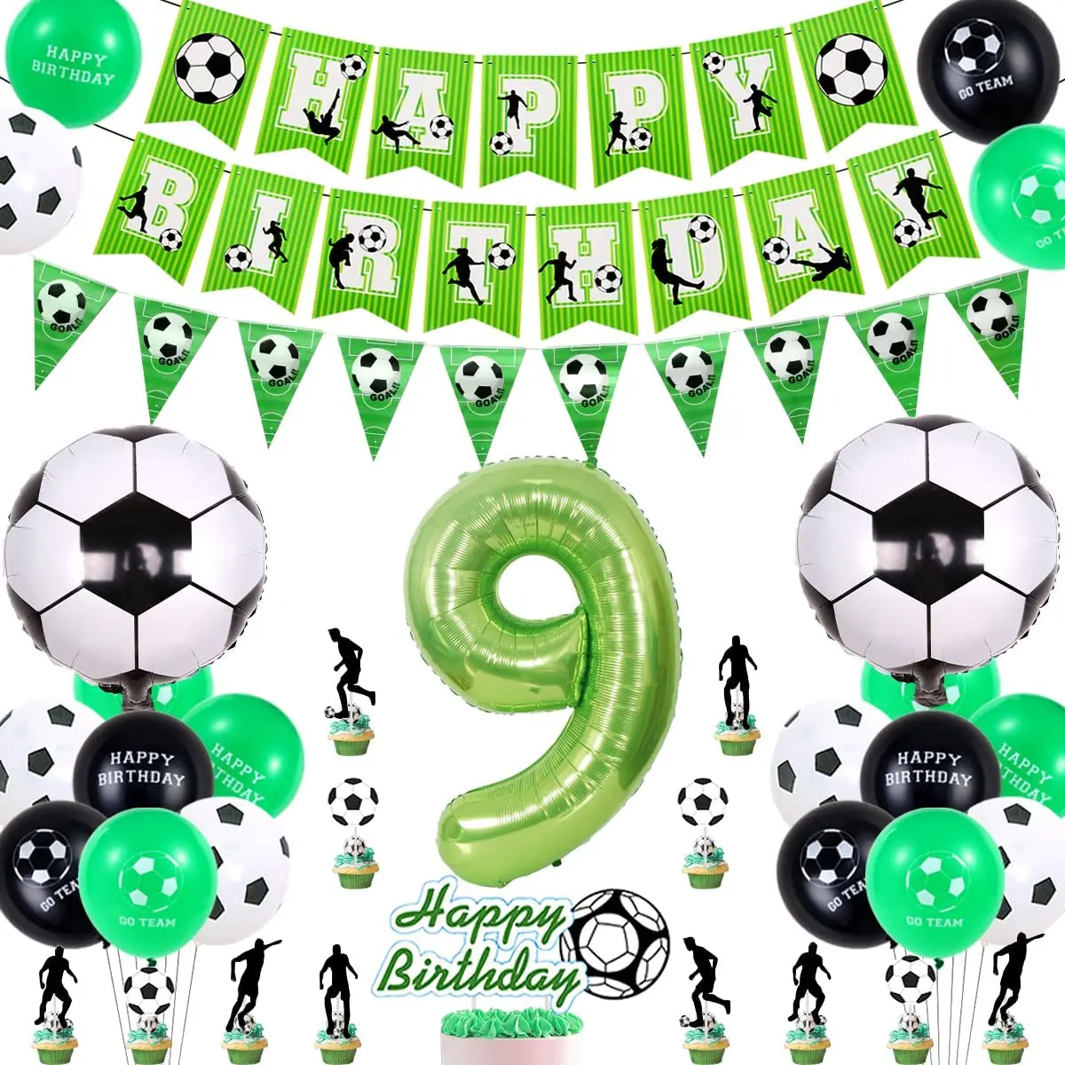 

Football Birthday Party Decorations for Boys, Green Bunting Banner, Soccer Balloons, Cake Toppers, Football Theme, 9th Birthday