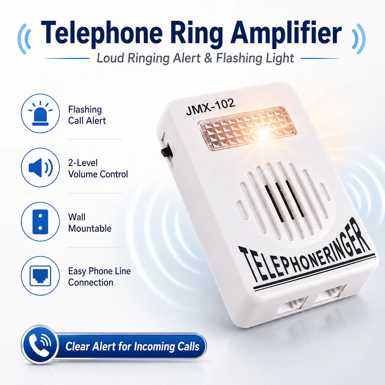 Plastic White Telephone Ringer Phone Amplifier Strobe Light Flasher Bell Extra-Loud Ringer Sound With Back-side Hole For Hanging