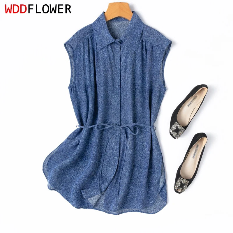 

Женская шелковая майка из 100% тутового шелка 16, креповая шелковая синяя рубашка без рукавов с воротником и принтом, летняя офисная рубашка M1312