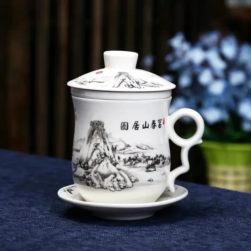 Blue and White Porcelain Office Teacups with Lid Filter Creative Ceramic Hand-Painted Water Cups Household Drinkware Gifts