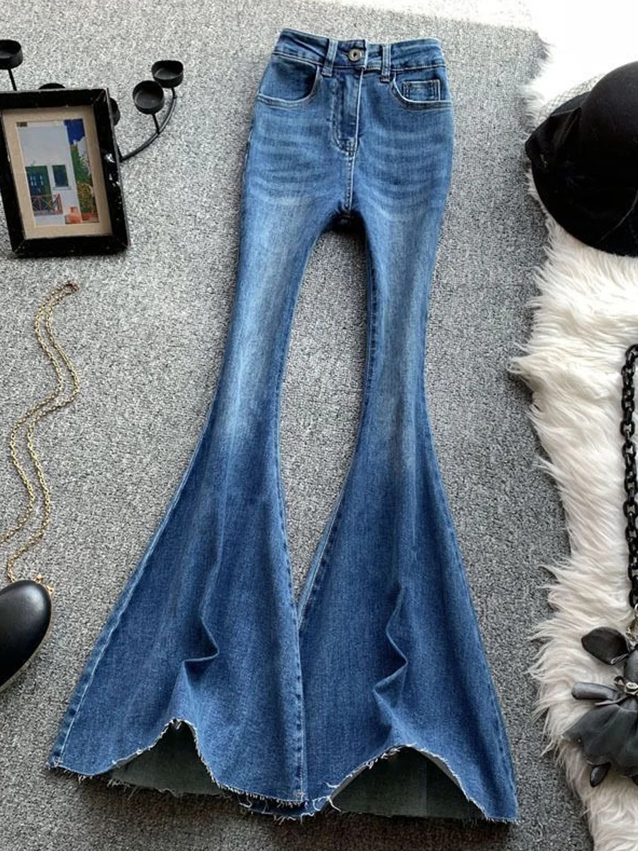 

High Waist Bell Bottom Denim Jeans Women's Summer Slim Fit Elastic Butt Lifting Frayed Floor-Length Slimming Long Pants