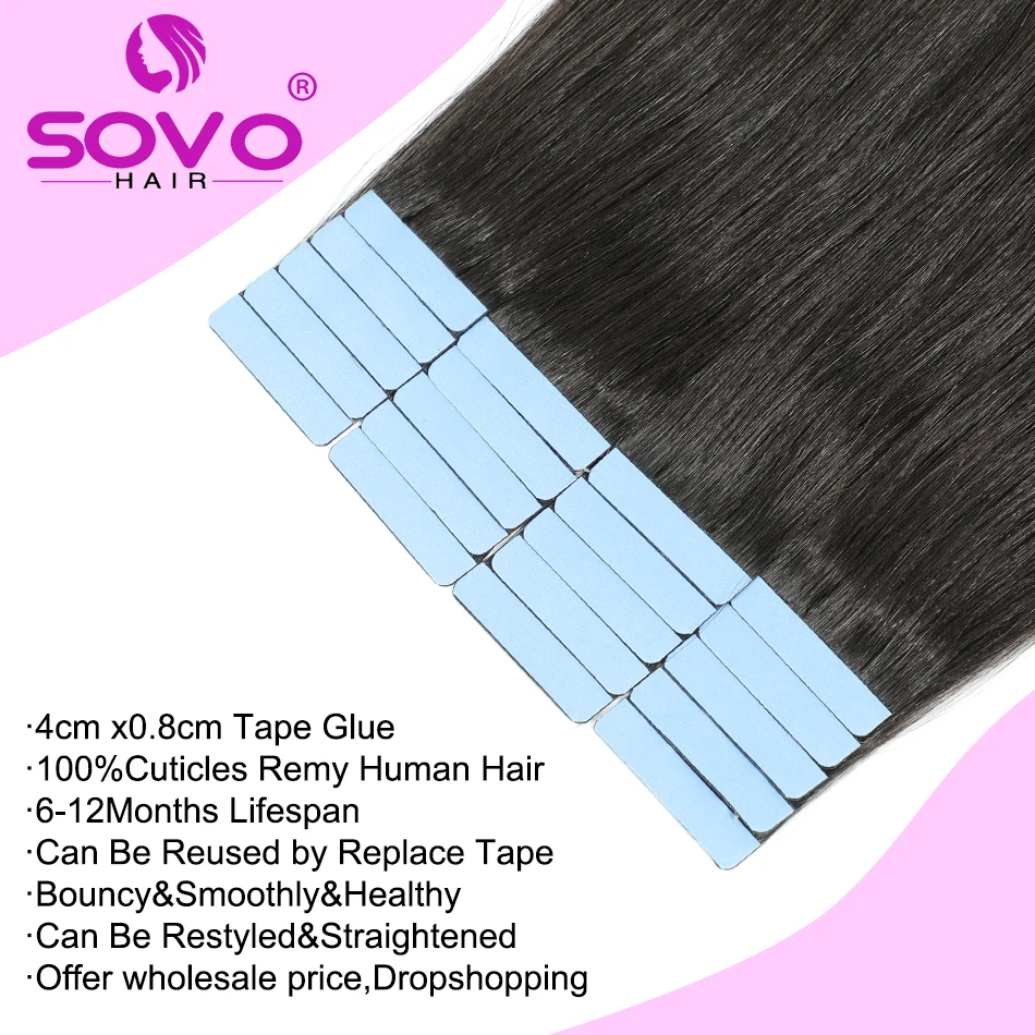 SOVO-extensiones de cabello 100% humano, cinta de Color Natural, trama de piel sin costuras recta brasileña para cabello fino, 10 piezas