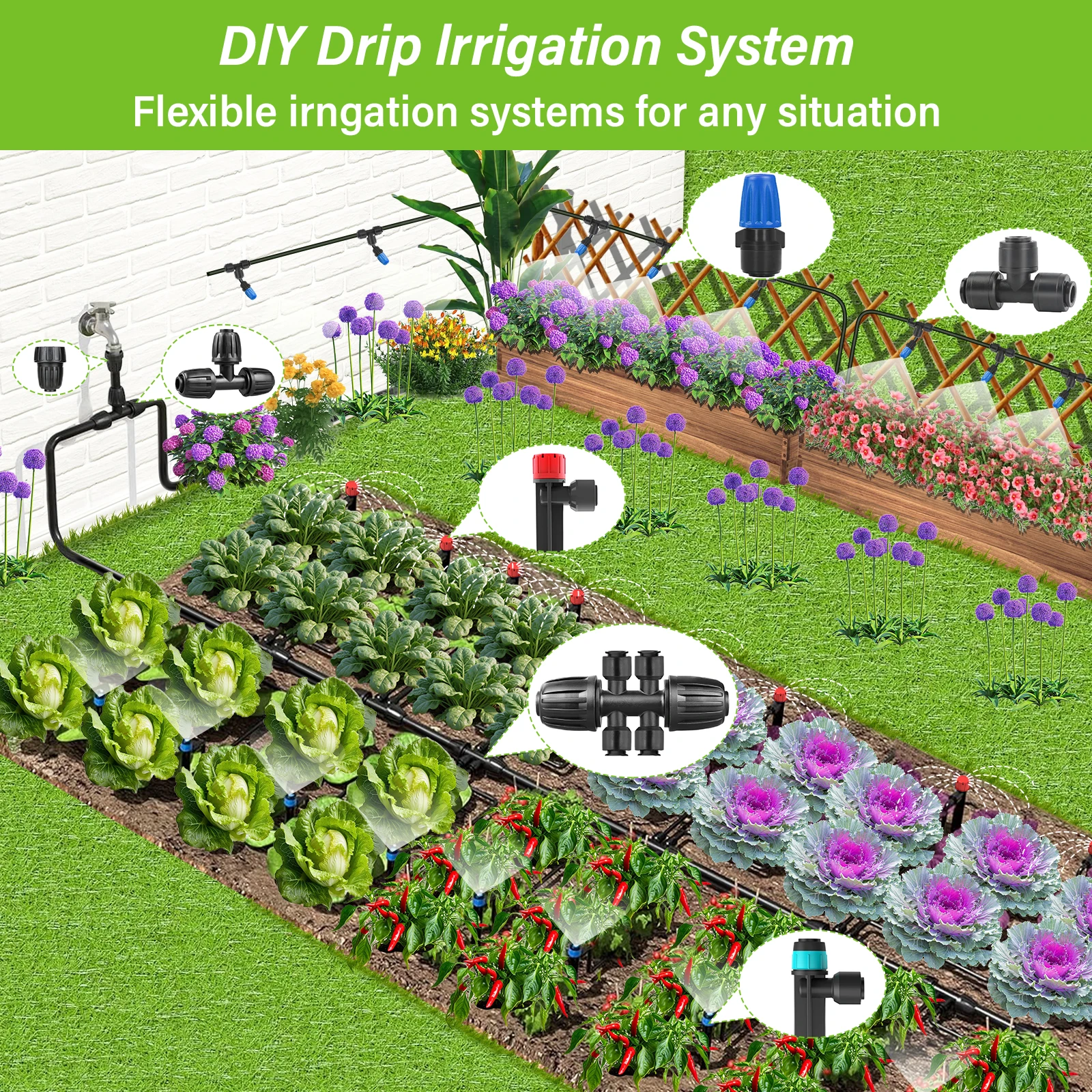 243FT Drip Irrigation System Kit with 1s Quick Connect Fittings, Automatic Garden Watering System, Adjustable Micro Drip Emitters and Misting Nozzles, UV-Resistant Tubing for Backyard, Lawn, Patio, Vegetable Garden, Raised Bed, Greenhouse