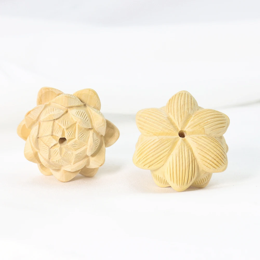 2PCS Natural Boxwood Lotus Carving Bead Pendant Charm Loose Spacer Beads for DIY Jewelry Making Car Hanging Keychain Supplies