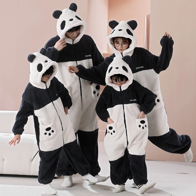 Eltern-kind-Outfit Pijamas Overalls Kawaii Cartoon Panda Frauen Männer Nachtwäsche Hoodies Winter Verdicken Pyjamas Onesie Pyjamas