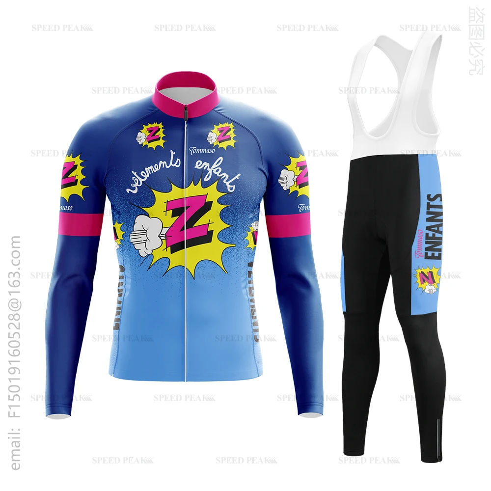 Winter Hot Cycling Jersey Sets Retro Long Sleeve Men's  Jersey Maillot Blue Gradient Trouser Mtb Sports Triathlon Clothing