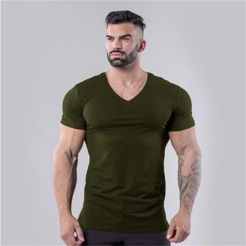 Plain Cotton Gym T-shirt Men Summer Fitness Clothing V-Neck Short Sleeve T Shirt Slim Fit Tshirt Bodybuilding Workout Tees Tops